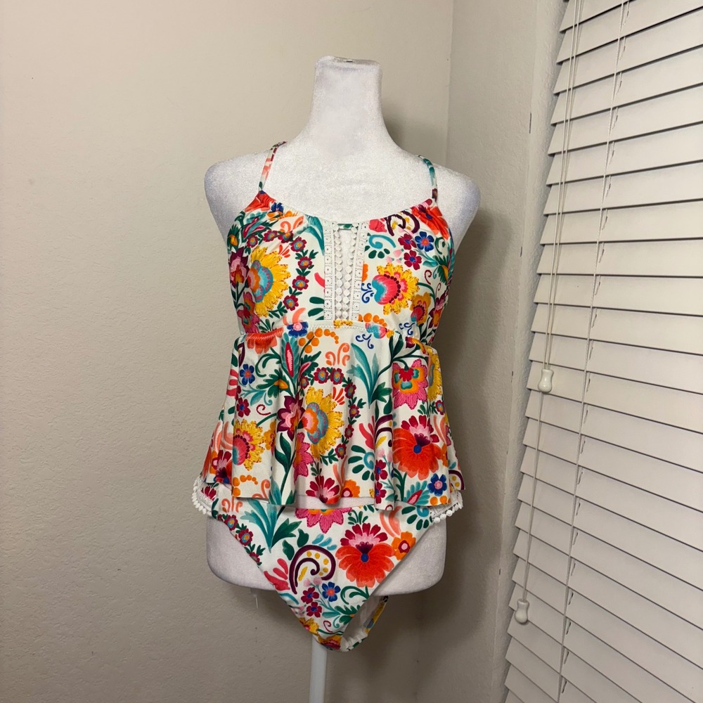 Sunshine 79 Floral Peplum Tankini Set Tropical Barcelona Beach Pom Pom Trim